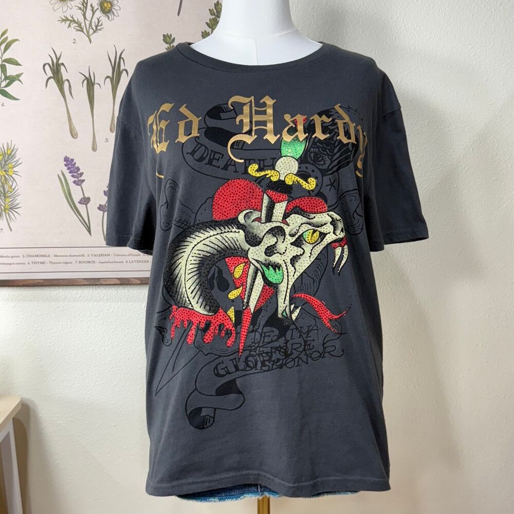 Ed Hardy Rhinestone Dagger Snake Graphic T-Shirt Grunge McBling Streetwear L